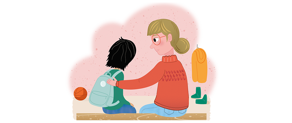 Illustration av en vuxen som sitter på en bänk och pratar med ett barn.