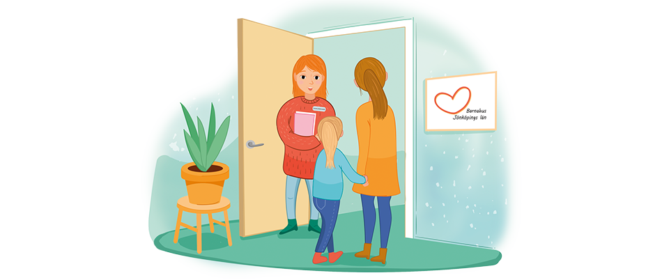 Illustration av en förälder och ett barn som kommer till Barnahus och möts av en samordnar i dörren.