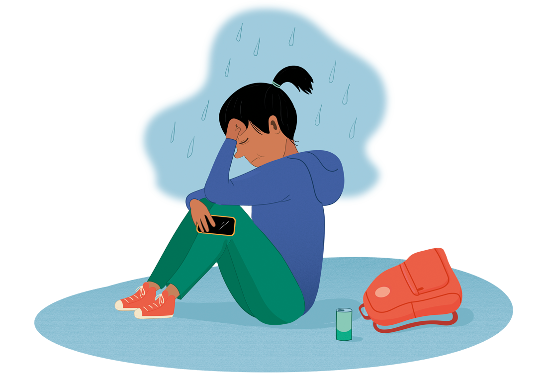 Illustration av en tjej som sitter med sin mobiltelefon på golvet och är ledsen.