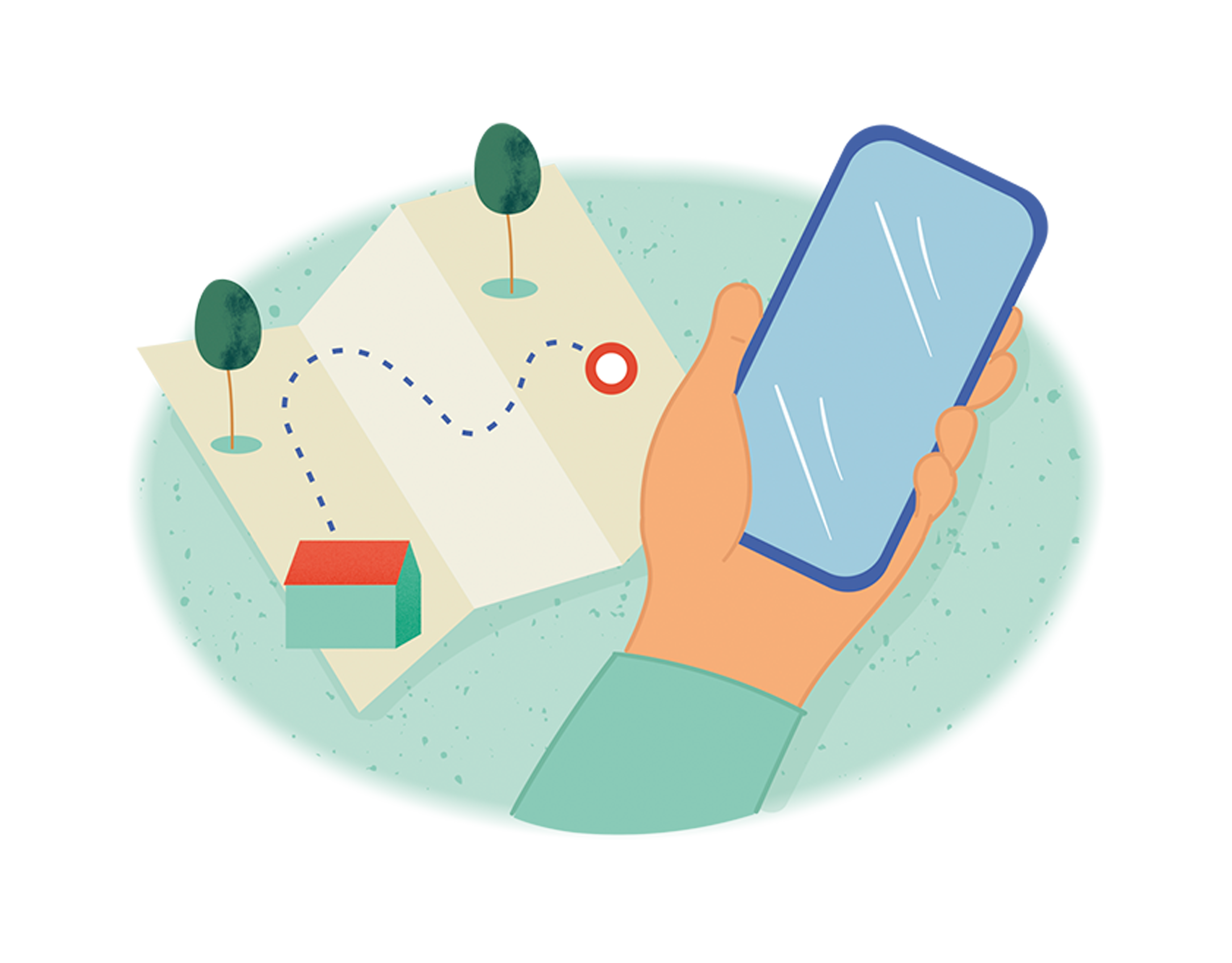 Illustration av karta och mobiltelefon.